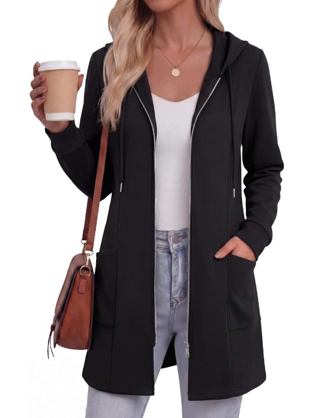 Women's Black Fall Zip up Comfort Hoodies Tunic Sweatshirts Jacket with Pocket - Picture 1 of 5